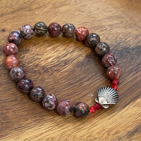 LEOPARD SPOT JASPER genuine crustal charm bracelet with Swarovski beads & shell - Picture 1 of 1
